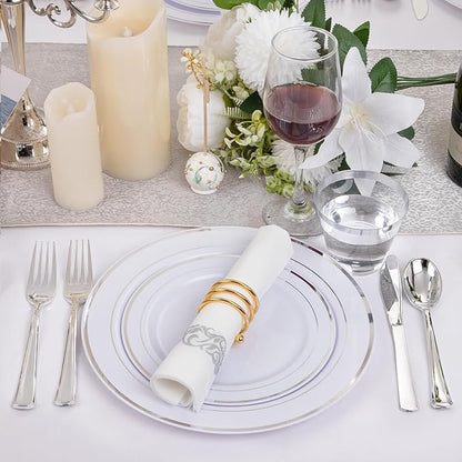 I00000 350Pcs Silver Plastic Dinnerware Set, Plastic Plates Disposable for 50 Guests Include: 100 Silver Rim Plates, 50 Paper Napkins, 50 Cups, 50 Plastic Silverware Set Perfect for Party & Wedding