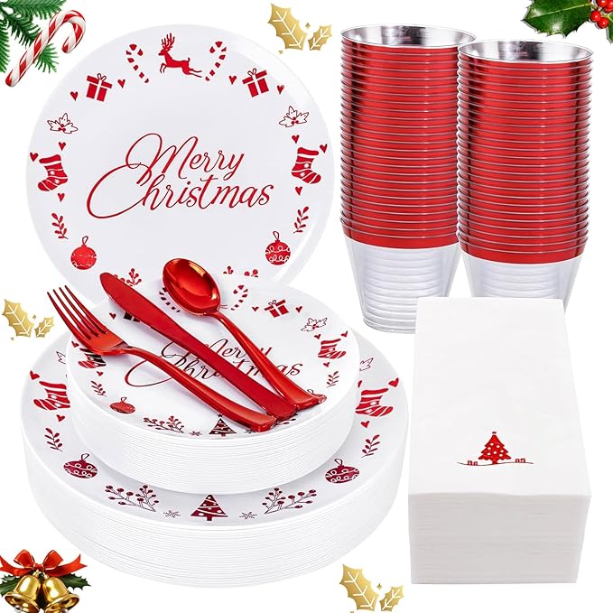 Ciaell 175 Pieces Christmas Plastic Plates include 50 Red Plastic Plates, 25Knives, 25Forks, 25Spoons, 25cups, 25Napkins for Christmas Party