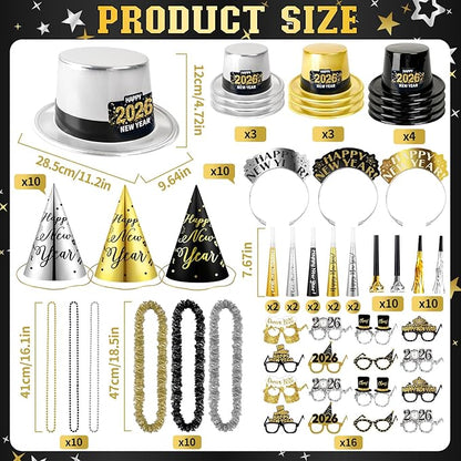 MOVINPE 2026 New Years Eve Party Supplies Bulk - Gold Black Slivery Top Hats, Cone Hats, Tiara, Glasses, Bead Necklace, Leis, Horns, Blowouts, Noiese Makers, New Year's Party Favors Event Supplies