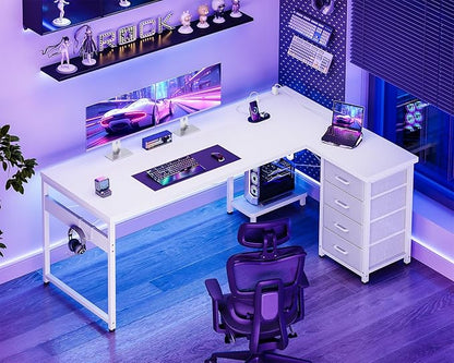AODK L Shaped Gaming Desk with 4 Drawers, 61" Reversible Home Office Desks with Power Outlets, L Shaped Computer Desk with USB Charging Port and Host Stand, Corner Desk, Easy to Assemble, White