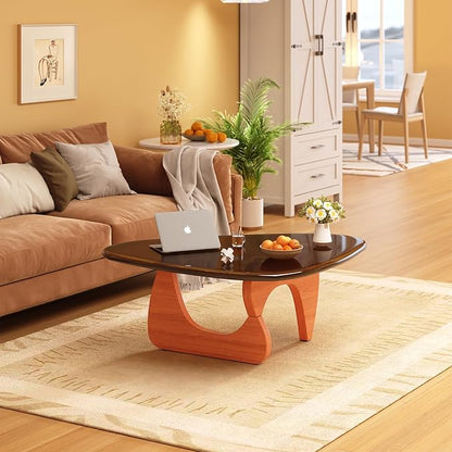 Coffee Table for Living Room Mid Century Modern Center Small Table with Glass Top and Wood, Walnut Brown(32 Inch)