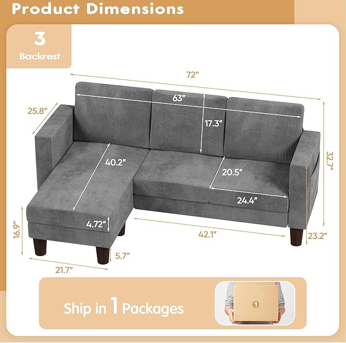 VICTONE Convertible Sectional Sofa Couch, 3 Seat L-Shaped Sofa with Linen Fabric Ottoman Small Couch for Small Apartments, Living Room and Office (Corduroy, Gray)