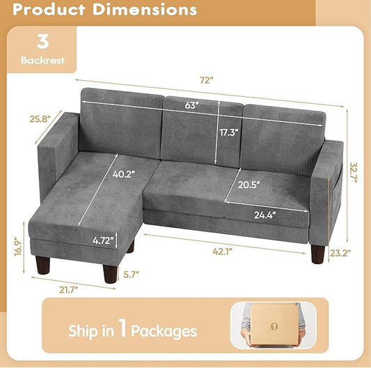 VICTONE Convertible Sectional Sofa Couch, 3 Seat L-Shaped Sofa with Linen Fabric Ottoman Small Couch for Small Apartments, Living Room and Office (Corduroy, Gray)