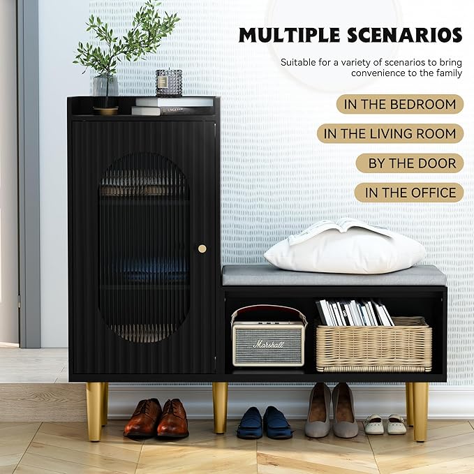 HLR Storage Bench Set of 2, Black Modern Entryway Shoe Cabinet Bench with Glass Door&Shelf, L-Shaped Storage Cabinet with Padded Seat for Hallway, Bedroom, Living Room, Office