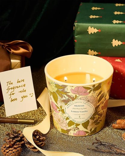 M&SENSE Lemon Vanilla Scented Candle, 28.2oz 3 Wick Natural Soy Wax Large Candles, Long Lasting Clean Slow Burning No Toxic Décor for Home Relaxation, Romantic Dates & Gift-Giving