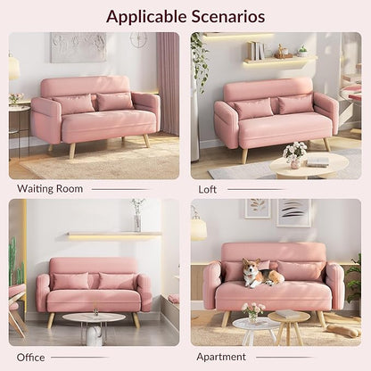 Yaheetech 46" Small Modern Fabric Sofa Loveseat Mid Century 2 Seater Sofa Couch with Lumbar Pillows, Solid Wood Legs for Living Room, Small Space, Dorm, Office, Bedroom, Pink