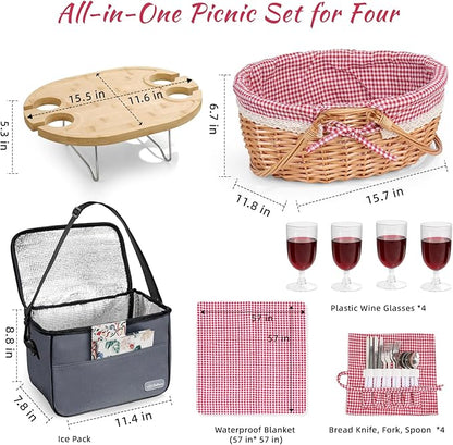 Picnic Basket for 4 with Table and Blanket Collapsible Cooler Bag Insulated Picnic Set for Beach Picnic Hamper Picnic Date Essentials for Outdoor Picnic Accessories Wedding Gift/Bridal Shower Gift