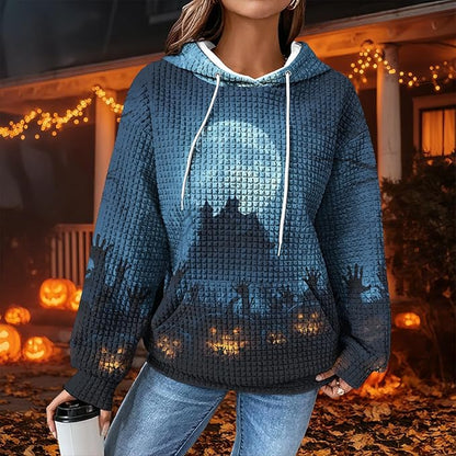 Halloween Sweatshirts for Women Novelty Graphic Drawstring Waffle Hoodies Loose Casual Pullover Tops with Pocket
