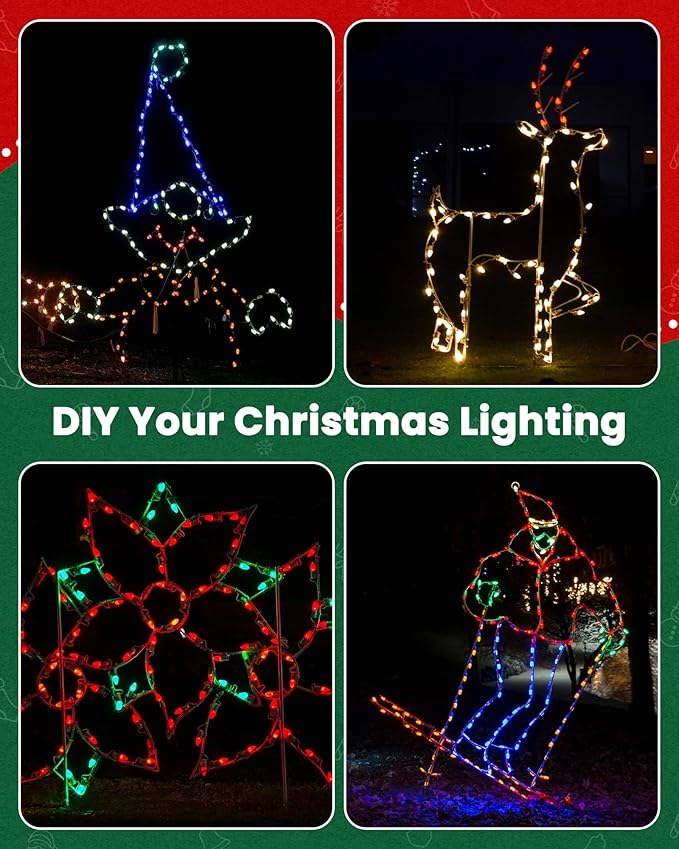Brightown C9 Light Strand, 25FT Green Cord Outdoor String Lights Christmas Stringer with 12" Socket Spacing, C9/E17 Intermediate Base Indoor/Outdoor Stringer Set for Christmas Decor Patio