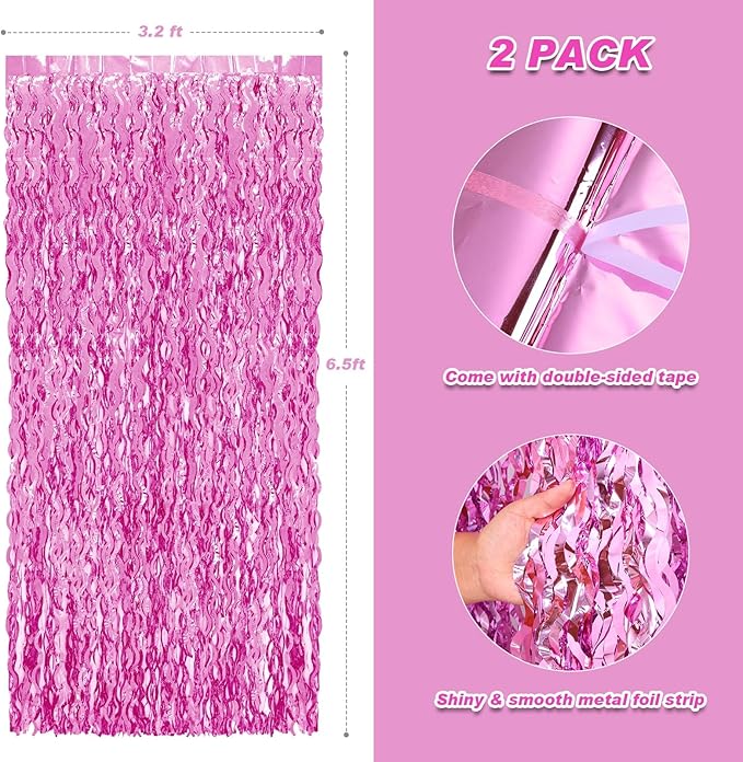 2 Pack 3.2x6.5 Feet Wavy Pink Foil Fringe Backdrop Curtains, Tinsel Streamers Princess Party Decorations Photo Booth Props for Birthday Baby Shower Bachelorette Euphoria Theme Party Supplies
