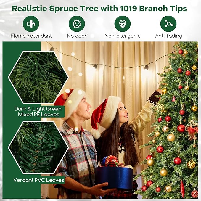 GOFLAME 7.5FT Artificial Christmas Tree, Hinged Xmas Spruce Tree with 1019 Branch Tips, Foldable Metal Stand, Seasonal Holiday Decoration Tree for Home Office Party