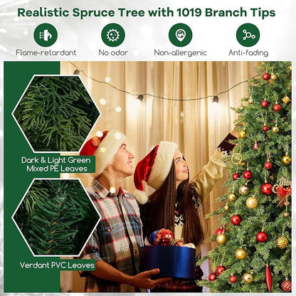 GOFLAME 7.5FT Artificial Christmas Tree, Hinged Xmas Spruce Tree with 1019 Branch Tips, Foldable Metal Stand, Seasonal Holiday Decoration Tree for Home Office Party