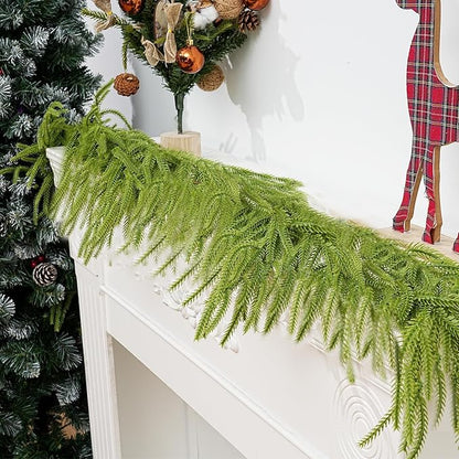 1PCS 6FT Christmas Norfolk Garland Decorations, Faux Pine Garland Outdoor, Artificial Unlit Green Garlands, Christmas Mantel Decoration Indoor, Thick Greenery Xmas Decor in The Winter