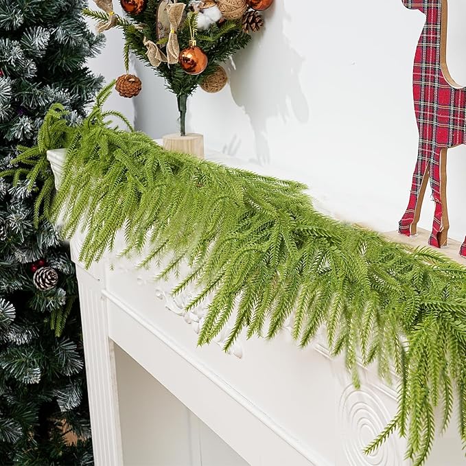 1PCS 9FT Christmas Norfolk Garland Decorations, Faux Pine Garland Outdoor, Artificial Unlit Green Garlands, Christmas Mantel Decoration Indoor, Thick Greenery Xmas Decor in The Winter