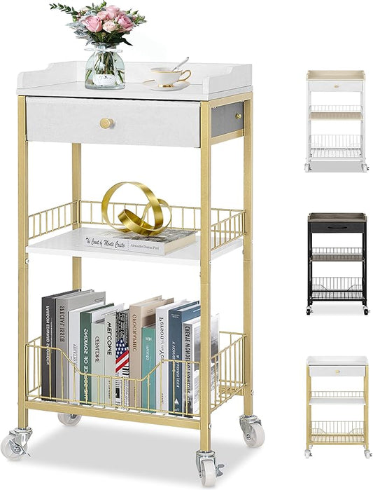 Small Tall Side Table with Storage Basket, High End Table with Drawer, 4-Tier Bathroom Storage Shelves with Optional Wheels, Nightstand for Dorm, Living Room, Bedroom, Gold & White