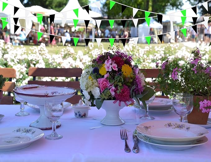 100 Feet 60 Pcs Green White and Black Pennant Banner Flag String Hanging Triangle DIY Flag, Bunting Streamer Decoration for Grand Opening, Birthday, Wedding Celebration (Green White & Black)