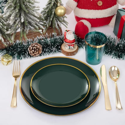 LIYH 180 Pcs Green and Gold Plastic Christmas Plates - Disposable Christmas Dinnerware sets, Green Dinner Dessert Plates, Gold Plastic Silverware Cups for Holiday, Party