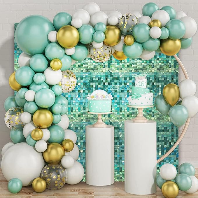 48 PCS Light Green Shimmer Wall Backdrop, Laser Square Sequin Photo Backdrops Panel, Glitter Wall Background for Birthdays, Weddings, Engagements, Jungle Hawaiian Party Decoration (6x8FT)