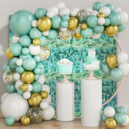 48 PCS Light Green Shimmer Wall Backdrop, Laser Square Sequin Photo Backdrops Panel, Glitter Wall Background for Birthdays, Weddings, Engagements, Jungle Hawaiian Party Decoration (6x8FT)