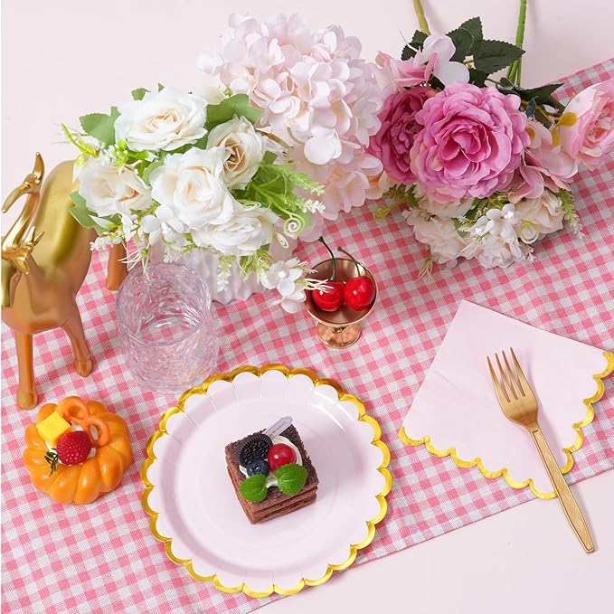 Pink & gold mix scalloped party plates with napkins and fork gold foil border, 24 Guest Pink disposable Tableware Set Party Decoration for Birthday Coquette Bridal Baby Shower Valentines