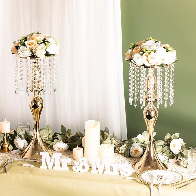 Wedding Centerpieces for Tables - Gold Flower Vases for Centerpieces, 2Pcs Tall Metal Flower Vases with Chandelier Crystal, 21.3in Flower Stand for Wedding Reception Birthday Party Events Home Decor