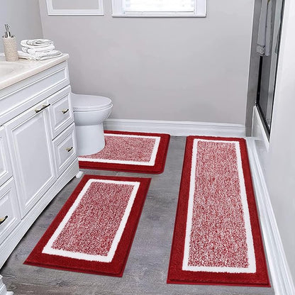 Pauwer 3 Piece Bath Mat Set Bathroom Rugs, Non Slip Plush Bathroom Mats, Absorbent Shaggy Bath Rug Set with U-Shaped Contour Toilet Mat for Bathroom Bedroom Living Room, Red