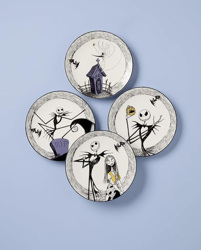 Lenox Dinnerware Set, Nightmare Before Christmas Accent Plates Set For 4, Jack Skellington, Halloween Decor Indoor, Porcelain, Dishwasher Safe, Microwave Safe, Halloween Dishes (White/Black, 4 Pieces)