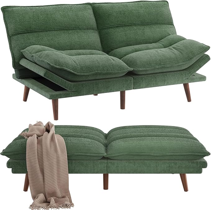 Pipishell Futon Sofa Bed, Convertible Futon Adjustable Backrest & Armrests, Corduroy Sleeper Couch for Small Spaces, Living Room, Office, Guest Room (Moss Green, 66 Inch)
