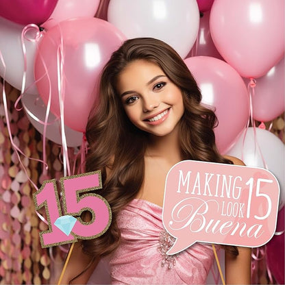 Quinceanera Photo Booth Props - 41-pc Photobooth Kit with 8 x 10-Inch Sign, 60 Adhesive Pads, 45 Sticks - Sweet 15 Photo Booth Props - Decoracion para 15 Años Quinceañeras