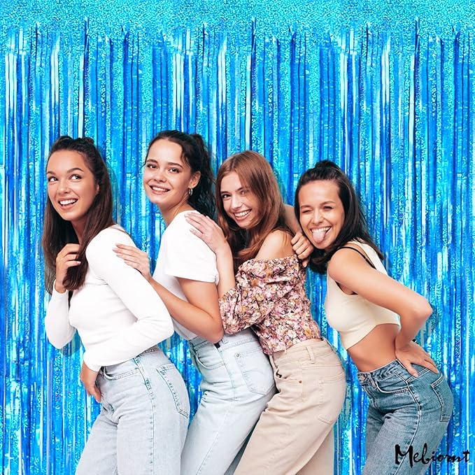 4 Pack New Blue Fringe Curtain Backdrop, 3.2Ft x 8.2Ft Sparkle Metallic Tinsel Foil Fringe Streamers Background for Photo Booth Birthday Wedding Baby Shower Party Thanksgiving Christmas Decorations