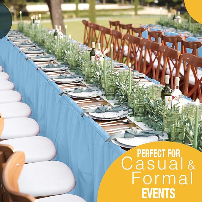 Exquisite Ruffle Table Skirt Light Blue 2 Pack 14 Ft Long Table Skirts for Rectangle Tables 6ft Plus or Round Tables Skirts with Adhesive Strip for Gender Reveal Decor & Happy Birthday Parties
