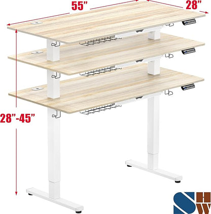 SHW 55 x 28 Inches Electric Height Adjustable Standing Desk with Drawer and Memory Preset, Maple