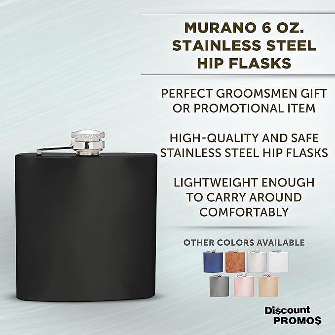 Murano Stainless Steel Hip Flasks 6 oz. Set of 10, Bulk Pack - Screw on Cap, Great for Wedding Party Gifts, Groomsmen Gifts, Outdoor Activities - Black