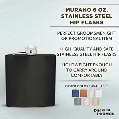 Murano Stainless Steel Hip Flasks 6 oz. Set of 10, Bulk Pack - Screw on Cap, Great for Wedding Party Gifts, Groomsmen Gifts, Outdoor Activities - Black