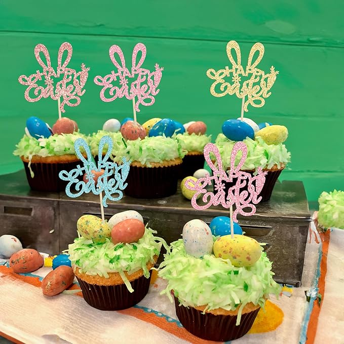 Ephlyn 24Pcs Happy Cupcake Toppers Glitter Rabbit Ear Cupcake Picks Decorations for Easter Day Theme Baby Shower Kids Birthday Party Supplies Multi