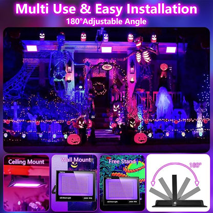 Upgraded 240W LED Black Light with 10ft Cable, IP66 Outdoor Blacklight Flood Light, Powerful Floodlight with Plug Switch for Christmas Halloween Neon Glow Dark Party Fluorescent Body Paint, 2 Pack