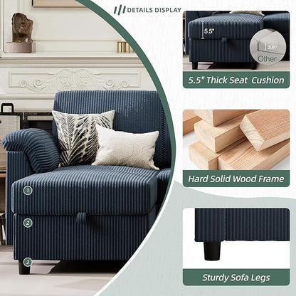Vongrasig Convertible Sectional Sofa Couch, 3 Seat L Shaped Sofa with Removable Pillows Soft Corduroy Fabric Small Couch Mid Century for Living Room, Apartment and Office (Blue)
