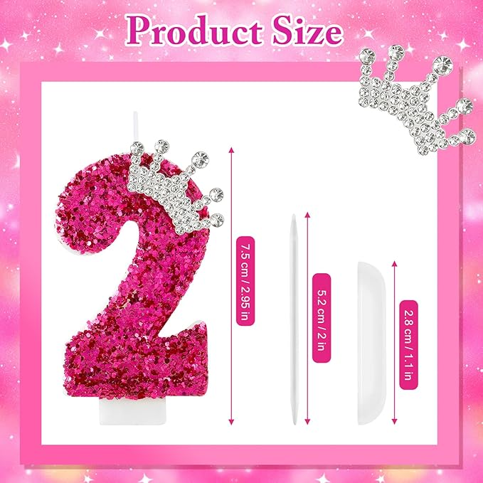Hot Pink Birthday Candles Crown Number 2 Candle 2nd Birthday Party Decorations Cake Topper Cupcake Decor for Anniversary Celebrations Supplies