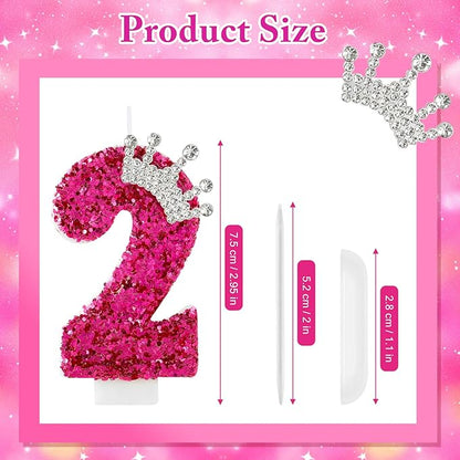 Hot Pink Birthday Candles Crown Number 2 Candle 2nd Birthday Party Decorations Cake Topper Cupcake Decor for Anniversary Celebrations Supplies