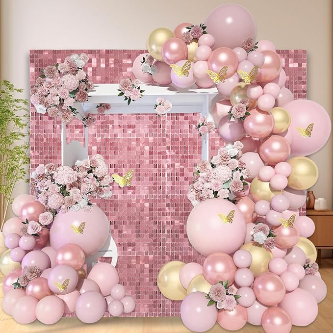 48 PCS Deep Pink Shimmer Wall Backdrop, Square Sequin Photo Backdrops Panel, Glitter Wall Background for Birthdays, Weddings, Halloween, Engagements, Disco Bachelorette Party Decoration (6FTx8FT)
