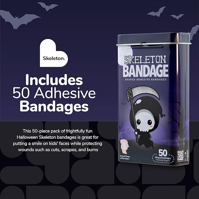 BioSwiss Kids Bandages, Halloween Skeleton Shaped Self Adhesive Bandage Set, Latex Free, Sterile Wound Care, 50 Count