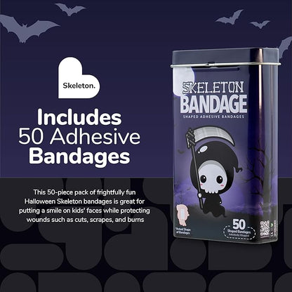 BioSwiss Kids Bandages, Halloween Skeleton Shaped Self Adhesive Bandage Set, Latex Free, Sterile Wound Care, 50 Count
