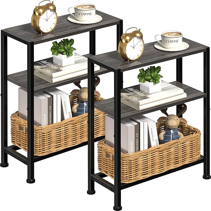 Narrow Side Table Set of 2 for Small Space, 2-Tier Small End Table with Shelf Holder, Slim Nightstand, Skinny Snack Couch Table in Living Room, Bedroom, Study, Kitchen and Balcony (Grey)
