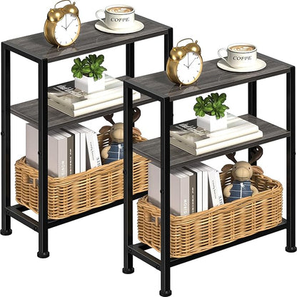 Narrow Side Table Set of 2 for Small Space, 2-Tier Small End Table with Shelf Holder, Slim Nightstand, Skinny Snack Couch Table in Living Room, Bedroom, Study, Kitchen and Balcony (Grey)