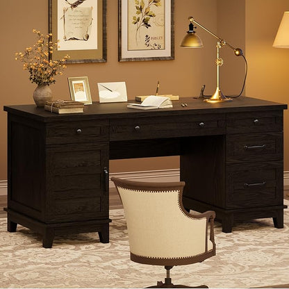 GarveeHome Farmhouse Executive Desk with File Drawers, 60 in Home Office Desk with Charging Station, Wooden Computer Desk with Cabinet Storage for Work Study Writing, Rustic Black