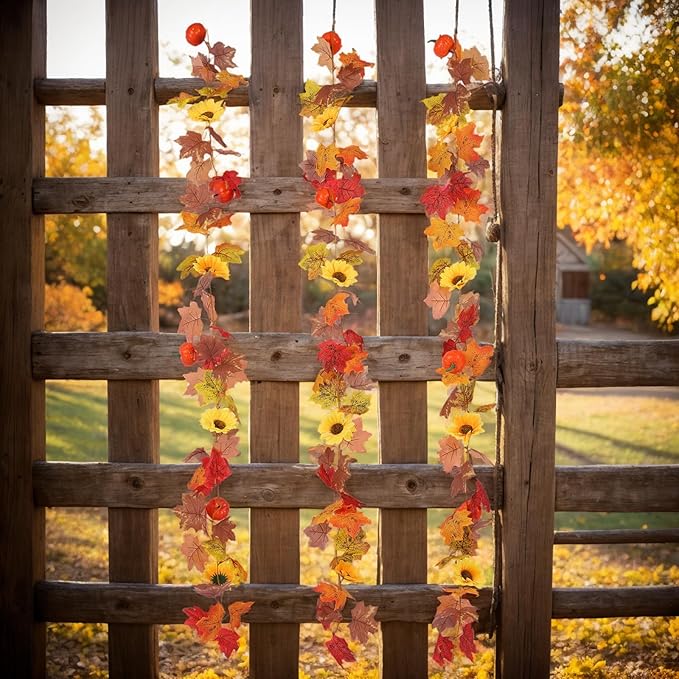 3 Pack Fall Garland for Mantle - 5.6Ft Artificial Maple Vine with Pumpkins & Sunflowers, Autumn Fall Decor for Fireplace Thanksgiving Halloween Wedding Farmhouse Indoor Outdoor Porch Decoration