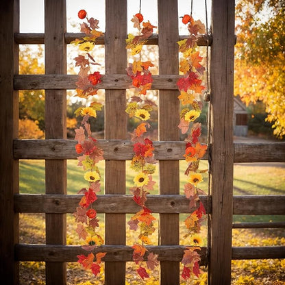 3 Pack Fall Garland for Mantle - 5.6Ft Artificial Maple Vine with Pumpkins & Sunflowers, Autumn Fall Decor for Fireplace Thanksgiving Halloween Wedding Farmhouse Indoor Outdoor Porch Decoration