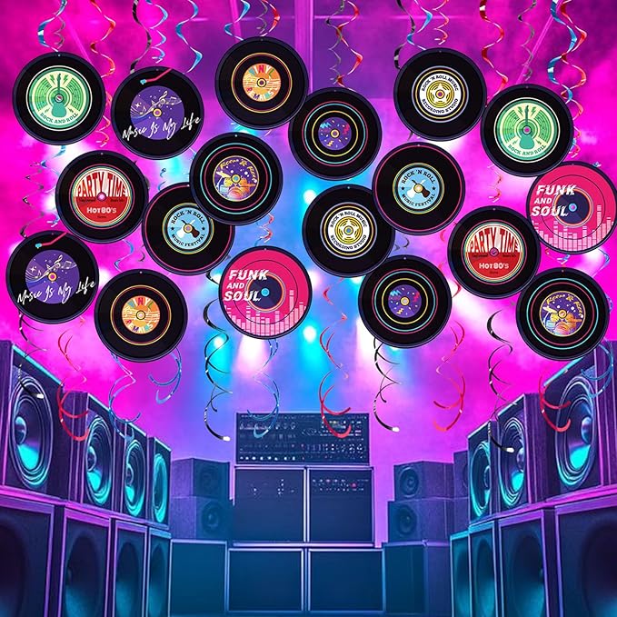 Rock and Roll Record Party Hanging Swirls, 48 Pcs, Music Theme Disco Party Decorations, Vinyl Record Design for 90s Or 50s Style Rock Music Dj Party Supplies, Black and Multicolor