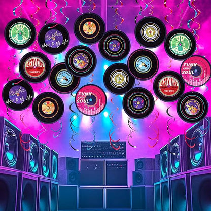 Rock and Roll Record Party Hanging Swirls, 48 Pcs, Music Theme Disco Party Decorations, Vinyl Record Design for 90s Or 50s Style Rock Music Dj Party Supplies, Black and Multicolor