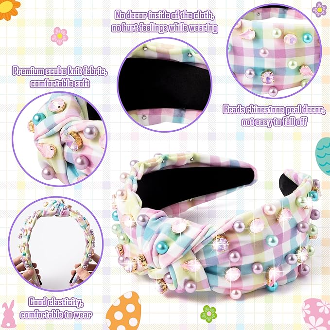 PANTIDE Pearl Jeweled Knotted Headband - Colorful Pearl Rhinestone Beads Embellished Headband Non Slip Wide Top Knot Costume Hairband Hair Accessories Spring Birthday Gift for Women Girls (Plaid)